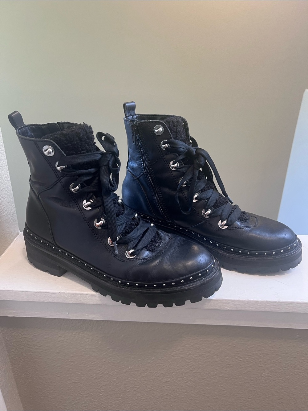 Steve Madden Rainier Black Leather Combat Boots Sherpa Lug Sole Size 9